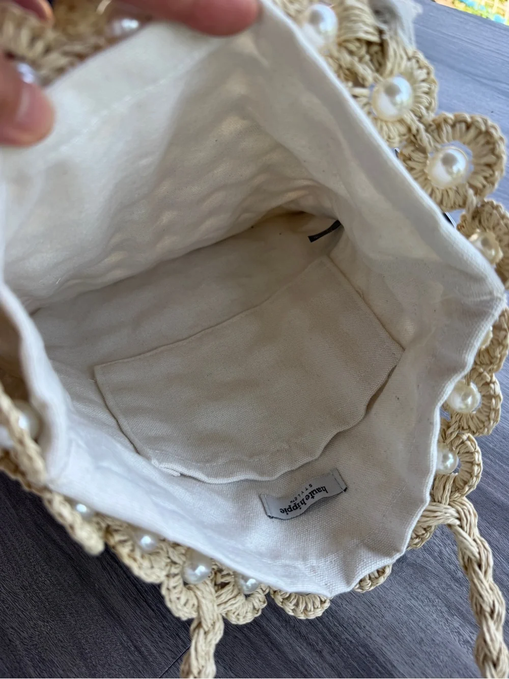 Haute Hippie Style Crochet Pearl Tote Bag Cream Woven Macrame Raffia Purse